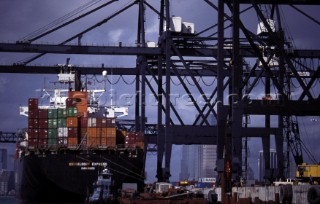 Docked container ship at Royal Seaforth dock, Liverpool, UK