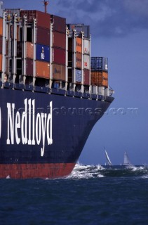 Stacked containers on cargo ship