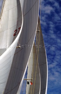 Close up of sails of two racing maxi yachts