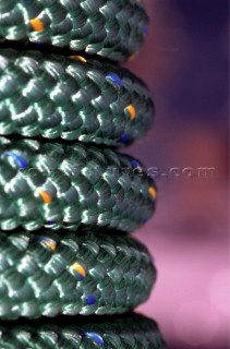 Detail of synthetic rope coiled round winch