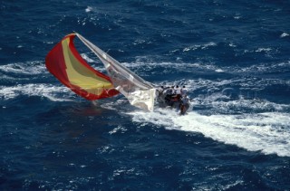 Aerial of severe broach on a J80 sportsboat in Puerto Rico