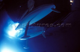 Model yachts racing in a blue swimming pool shot from underwater with lighting, showing keels and rudders