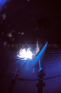 Model yachts racing in a blue swimming pool shot from underwater with lighting, showing keels and rudders