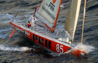 Open 60 PRB skippered by Vincent Riou and Jeremie Beyone at the start of the Monohull Class, Transat Jacques Vabre 2003, Le Havre, France. 1st Nov 2003.