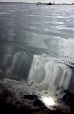 Sun and cloudy sky reflected on still water