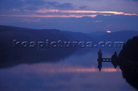 Lake Vyrnwy and hotel at sunset Llanwyddyn Wales UK