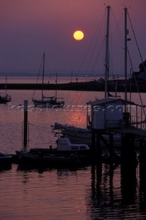 Yacht anchorage at sunset in St Martin, Caribbean