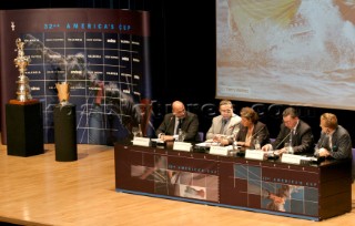 Valencia  27 November 2003. Americas Cup 2007. The Cup in Valencia - Press Conference. From Left Antonio Torva (Endesa) , AC Management Michel Bonnefous, Major of Valencia Rita Barsera, Head of the Valencia Comite Jos Salinas and Marcus Hutchinson ACM.