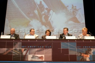 Valencia  27 November 2003. Americas Cup 2007. The Cup in Valencia - Press Conference. From Left Antonio Torva (Endesa) , AC Management Michel Bonnefous, Major of Valencia Rita Barsera, Head of the Valencia Comite Jos Salinas and Marcus Hutchinson ACM.