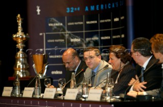 Valencia  27 November 2003. Americas Cup 2007. The Cup in Valencia - Press Conference. From Left Antonio Torva (Endesa) , AC Management Michel Bonnefous, Mayor of Valencia Rita Barsera, Head of the Valencia Comite Jos Salinas and Marcus Hutchinson.