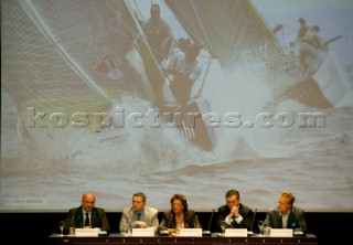 Valencia  27 November 2003. Americas Cup 2007. The Cup in Valencia - Press Conference. From Left Antonio Torva (Endesa) , AC Management Michel Bonnefous, Major of Valencia Rita Barsera, Head of the Valencia Comite Jos Salinas and Marcus Hutchinson ACM