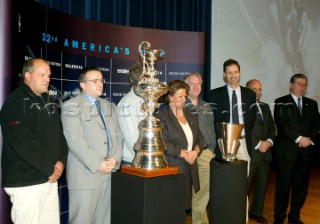 Valencia  27 November 2003. Americas Cup 2007. The Cup in Valencia - Press Conference. From Left Antonio Torva (Endesa) , AC Management Michel Bonnefous, Major of Valencia Rita Barsera, Head of the Valencia Comite Jos Salinas and Marcus Hutchinson ACM.