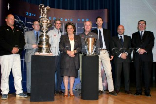 Valencia  27 November 2003. Americas Cup 2007. The Cup in Valencia - Press Conference. From Left Antonio Torva (Endesa) , AC Management Michel Bonnefous, Major of Valencia Rita Barsera, Head of the Valencia Comite Jos Salinas and Marcus Hutchinson ACMAmericas Cup 2007 Valencia Announcement