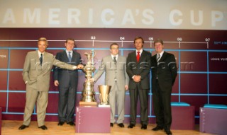 Geneve Suisse 26 November 2003. Announcement Day of the host city of the 32nd Americas Cup in to President Wilson Hotel in Geneve:. Commodore Pierre Yves Firmenich,CEO ACManagement Michel Bonnefous, Louis Vuitton President Yves Carcelle and Ernesto Bertarelli . Americas Cup 2007 Valencia Announcement