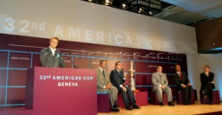 Geneve Suisse 26 November 2003. Announcement Day of the host city of the 32nd Americas Cup in to President Wilson Hotel in Geneve:. Master of Cerimony Markus Hutchinson, Commodore Pierre Yves Firmenich, Head of the Valencia Comite Jose Salinas, CEO ACManagement Michel Bonnefous, Ernesto Bertarelli and Louis Vuitton President Americas Cup 2007 Valencia Announcement