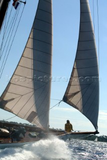 Cannes, France 25 September 2003. Prada Challenge for Classic Yachts - Regates Royales 2003. Third day - no racing for heavy wind conditions . Belle Aventure. Photo:Guido Cantini/