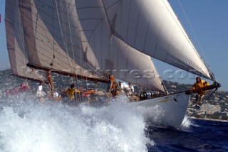 Cannes, France 25 September 2003. Prada Challenge for Classic Yachts - Regates Royales 2003. Third day - no racing for heavy wind conditions . Belle Aventure. Photo:Guido Cantini/