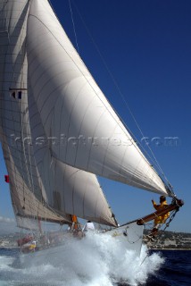 Cannes, France 25 September 2003. Prada Challenge for Classic Yachts - Regates Royales 2003. Third day - no racing for heavy wind conditions . Belle Aventure. Photo:Guido Cantini/