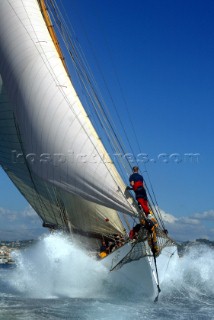 Cannes, France 25 September 2003. Prada Challenge for Classic Yachts - Regates Royales 2003. Third day - no racing for heavy wind conditions . Belle Aventure. Photo:Guido Cantini/