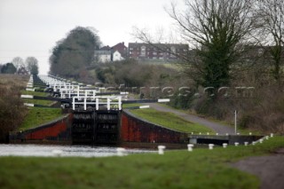 Devises Flight.  Canal boats on English Kennet and Avon Canals.