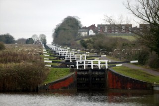 Devises Flight.  Canal boats on English Kennet and Avon Canals.