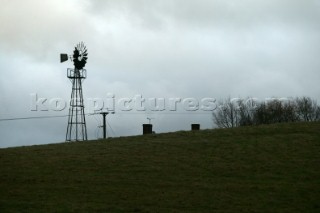 English Canal Boats Kennet and Avon Canals 2003.  Wind turbine on hill side