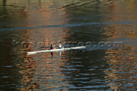 Two women in a Rowing scull on the River Thames  Rowing pair