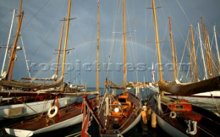 Porto Cervo 05 09 2003. Prada Veteran Boat Rally 2003. Rainbow in Porto Cervo.  Kos Picture Source.