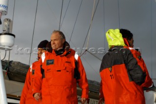 Steve FossettÕs maxi cat Cheyenne (ex-Playstation) leaving Plymouth for an attempt on the Round the World record