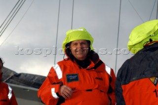 Steve Fossett on board Cheyenne . Before start of Jules Verne Trophy 2004. Plymouth UK