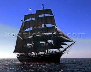 The Star of India off San Diego, California in the Pacific Ocean on Sunday, October 15, 2000 as part of the United States Navys fleet week celebration.  Star of India sails each year, earning her the title of the oldest active ship in the world.  She was launched in Ramsey, Isle of Man, in 1863.