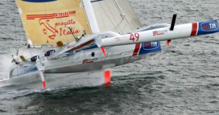 Giovanni Soldini leaving Lorient, France in his Open 60 trimaran