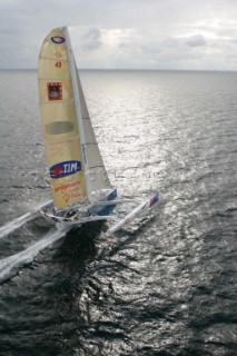 Giovanni Soldini leaving Lorient, France in his Open 60 trimaran