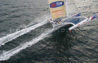 Giovanni Soldini leaving Lorient, France in his Open 60 trimaran