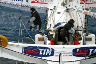 Giovanni Soldini leaving Lorient, France in his Open 60 trimaran