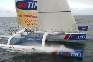 Giovanni Soldini leaving Lorient, France in his Open 60 trimaran