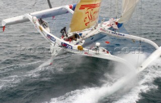 Giovanni Soldini leaving Lorient, France in his Open 60 trimaran