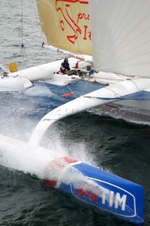 Giovanni Soldini leaving Lorient, France in his Open 60 trimaran