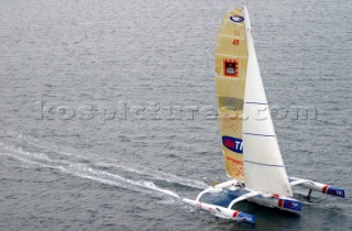 Giovanni Soldini leaving Lorient, France in his Open 60 trimaran