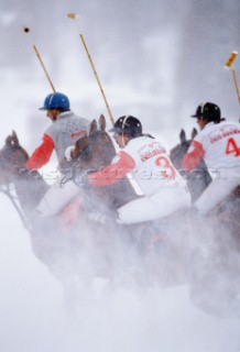 Cortina DAmpezzo 22 February 2004. Hotel de la Poste Vs Audi. Ice Polo on snow with horses in Cortina, Italy