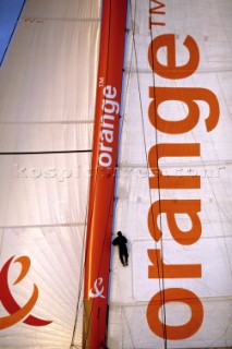 The first giant Orange maxi catamaran launched for The Race in 2000 by Bruno Peyron