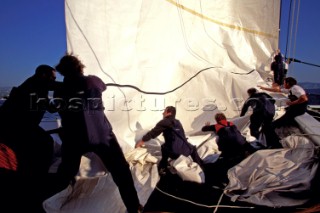 The first giant Orange maxi catamaran launched for The Race in 2000 by Bruno Peyron