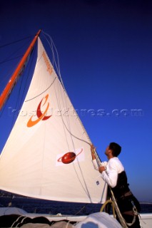 The first giant Orange maxi catamaran launched for The Race in 2000 by Bruno Peyron