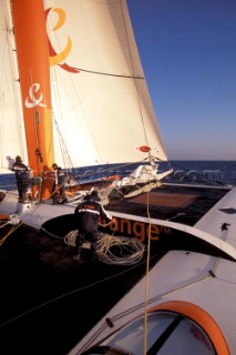 The first giant Orange maxi catamaran launched for The Race in 2000 by Bruno Peyron