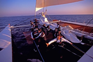 The first giant Orange maxi catamaran launched for The Race in 2000 by Bruno Peyron