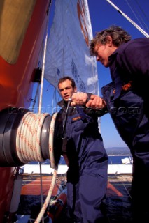 The first giant Orange maxi catamaran launched for The Race in 2000 by Bruno Peyron