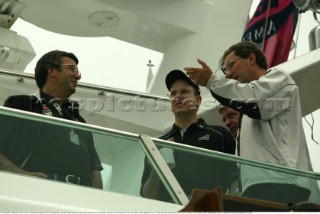 Prince Albert of Monaco centre, talks to Team New Zealand CEO Ross Blackman right and chief executive Toyota New Zealand Bob Field before race four of the Americas Cup in Auckland, New Zealand. Feb, 20. 2002. Racing was abandon due to shift condition on the Harauki Gulf. (Mandatory credit: © Sergio Dionisio/Oceanfashion Pictures)