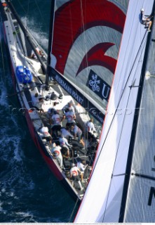 Switzerlands Alinghi Challenge lead Team New Zealands NZL-82 during race two of the Americas Cup in Auckland, New Zealand. Feb, 15. 2002. Team New Zealand lead for most of race two to lose on the final down wind leg to Alinghi by 7 seconds.