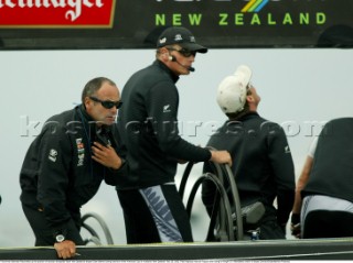 Frenchman Bertrand Pace takes up the position of tactician alongside Team New Zealands skipper Dean Barker during race four of the Americas Cup in Auckland, New Zealand. Feb, 20. 2002. Pace replaced Hamish Pepper after losing to Alinghi 3-0. (Mandatory credit: © Sergio Dionisio/Oceanfashion Pictures)