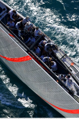 Switzerlands Alinghi Challenge crew work the pit during race two against Team New Zealands NZL82 dur